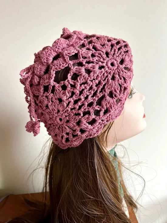 Handmade Crochet Ponytail Beanie in Dusty Rose - Picture 3 of 4